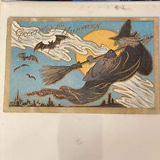 Vintage Halloween Postcard TRG HM Rose Ugly Hag Witch Broom Bats Smoke Moon 1908 picture
