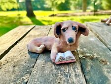 Original Handmade Ceramic Dachshund Sculpture ( Story time ) 7in Long picture