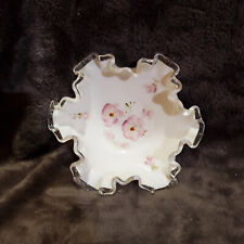 Fenton White Milk Glass Ruffled Edge Candy Dish Hand Painted Flowers 6” x 2