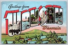 Wausau Wisconsin~River Scene & Hills~Large Letter Vintage Linen Postcard picture