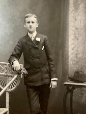 1890s Syracuse NY Cabinet Card Handsome Young Lad w Gloves Hat Wicker Chair picture