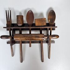 Vtg 7pc Wooden Wall Hanging Kitchen Cooking Utensils Country Farmhouse 14/12” L5 picture