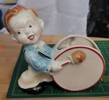 Vintage 1950s Ceramic Boy Marching Band Bass Drummer Baby Planter Japan picture