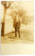 RPPC Young Man Standing in Backyard Dapper Dressed Up 1910s Photo Postcard picture