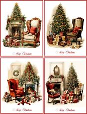 CHRISTMAS HOLIDAY VINTAGE VICTORIAN LIVING ROOM 8 BLANK GLOSSY CARD RED ENVELOPE picture