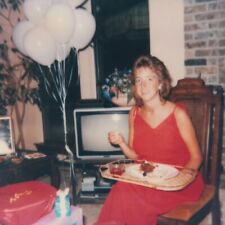 Vintage Polaroid Photo Cute Lady Food Tray TV Balloons Party Found Art Snapshot picture