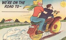 On The Road To.. - Man and Woman on Motorcycle Linen Comic Postcard picture