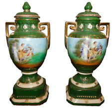 Urns, Paint Decorated, Czechoslovakia, Covered, Rest'ed Tops, Pair, Early 1900s picture