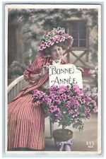 New Year Postcard RPPC Photo Bonne Annee Pretty Woman Flowers c1910's Antique picture
