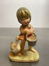 Porcelain Girl Figurine Circa 1950s Made In Japan Duck Feeding Basket Vintage picture
