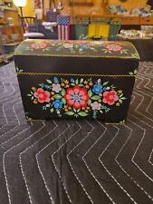 Vintage Belarus Hand Painted Black w/ Flowers Wood Box Treasure Chest picture