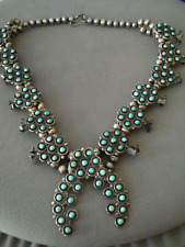 OLD Native American Turquoise Cluster Sterling Silver Squash Blossom Necklace picture