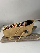 Cradle Board Doll Vintage Native American Estate Display Wood Leather Wool picture