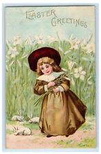 c1905 Easter Greetings Girl Bunny Rabbits Lily White Flowers Rotograph Postcard picture