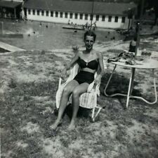 Pretty Woman In Swimsuit Sitting By Pool B&W Photograph 3 x 3.25 picture