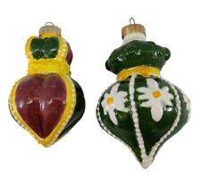 2 x Vintage Ceramic Christmas Tree Ornaments Green Brown Yellow Floral picture