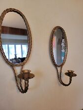 Vtg Pair Gold Rope Twisted Oval Mirror Candlestick Wall Sconces Regency Style  picture