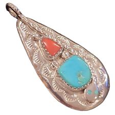 Zuni Sterling Silver Turquoise & Coral Snake Pendant Signed EFFIE C ZUNI picture