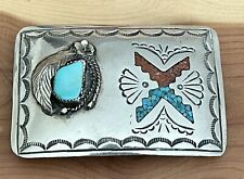 Native Navajo W. Nezzie Turquoise, Mosaic Inlay Coral Turquoise 926 Belt Buckle picture
