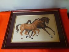 Japanese Embroidery of Mother and Foal Horses Framed 1980 Beautiful Handiwork picture