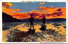 Linen Postcard Surf Riding on Great Salt Lake, Utah, Surfing at Sunset Sunrise picture