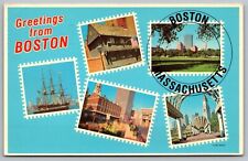 Greetings Boston Massachusetts Multi View Ship American Flag Historic Postcard picture