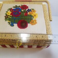 Vtg Woven Embroidered Floral Sewing Basket Handle w Insert, Tufted Satin Lining picture