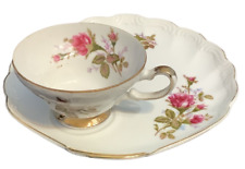 Vintage China  Sandwich Desert Plate & Tea Cup Gold Trimmed Floral Roses Pink picture