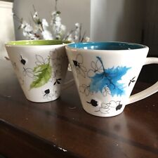 Starbucks 2007 Blue & Green Leaf 10 oz Coffee Cup Mugs Set Of 2 picture
