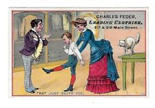 c1890's Victorian Trade Card Charles Feder Clothier, Boy Trying on Clothes picture