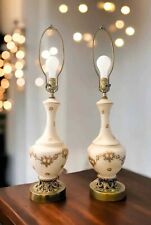 Pair White Frosted Glass Lamps Flower Base Vintage Style Hollywood Regency  picture