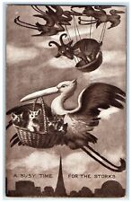 1911 Busy Time For The Stork Delivering Animals In Basket Antique Postcard picture