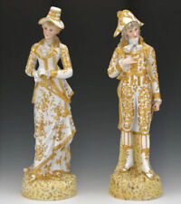 Pair Antique French Bisque Gold Gilt Jeweled Man & Woman Victorian Figures 23” picture