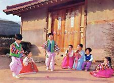 VINTAGE CONTINENTAL SIZE POSTCARD KOREAN CHILDREN PLAYING JEGI SHUTTLECOCK GAME picture