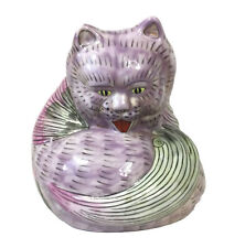 Vintage Cat Statue Chinese Ceramic Pink Purple Green 7” Tongue Out Grooming picture