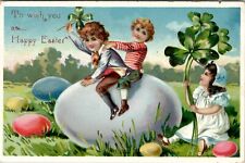 Easter Greeting Children on Huge Egg Girl Clover Early Raphael Tuck Postcard U18 picture