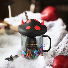 Starbucks Halloween Mushroom 18oz Black Straw Glass Tumblers Cup Gift picture