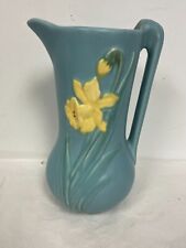 Weller Art Pottery Pitcher F-18 Daffodil Pattern Blue Glaze 1930's Handle 10