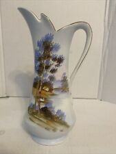 Vintage Ucagco White Porcelain Vase Hand Painted House Trees Bird 9 ½” Tall picture