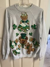 VNT Custom Made Clover St. Patricks Day Sweatshirt Size XL Puff Paint Bears 80s picture