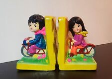 Beautiful Vintage Neon Ceramic Boy and Girl Bookends 1960s Cute Decor Japan picture