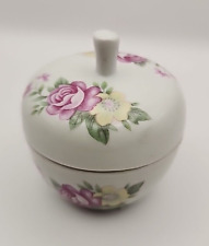 Vintage Porcelain Ceramic Round Trinket Box with Lid White Floral Stem Mothers  picture
