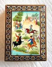 Vtg Persian Khatam Mosaic Marquetry Wood Trinket BOX Hand Painted Horse Scene picture