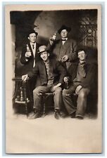 Mens Postcard RPPC Photo Drinking Beer Studio c1910's Unposted Antique picture
