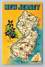 NJ-New Jersey, General Greetings, State Map, Points of Interest Vintage Postcard picture