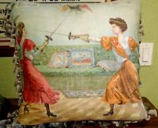 Antique Lithograph Pillow - College Fencing Girls  1907  (rare) Schwab Wolf picture