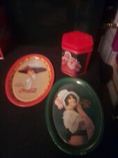 Lot of 3. Vintage 1909 Cola-Cola Red Tray, 1914 Green Tray & 1991 Red Candle Tin picture