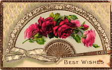 BEST WISHES Roses & Gold Gilded Fan Embossed Vintage Postcard picture