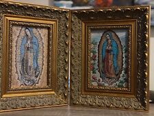 Religious icon set Of 2 Of Lady Guadalupe Mary Pure Cotton Gold Yarn Wood Frame picture