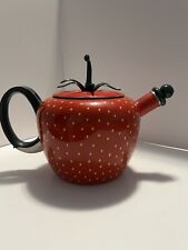 CHARMING VINTAGE COPCO STRAWBERRY ENAMEL TEA KETTLE.  Worn Area On Lid picture